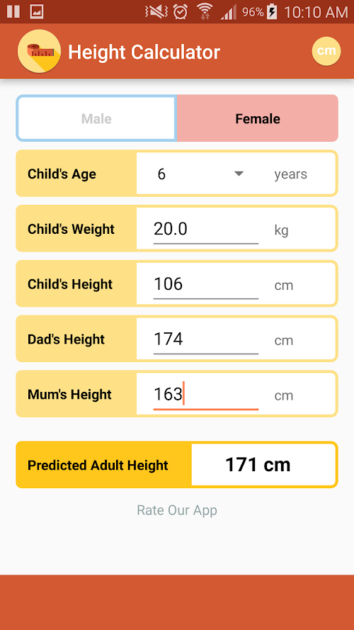 Android application Height Calculator screenshort
