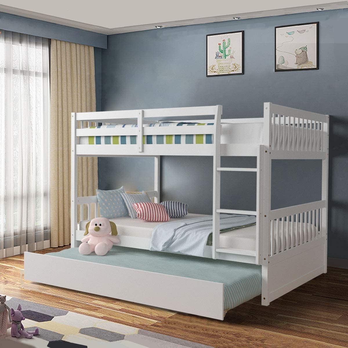 A bunk bed and slide-away bed like this provides sleeping space for three people while taking up the space of a single bed.