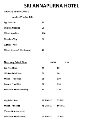 Sri Annapurna Hotel menu 