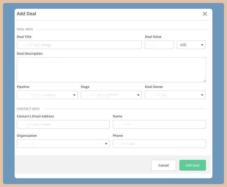 a screenshot of the process for adding new contacts or "deals" on ActiveCampaign CRM