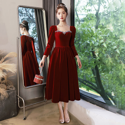 Title 7, Wine Red Velvet Evening Dress Bride Out Of Cour...
