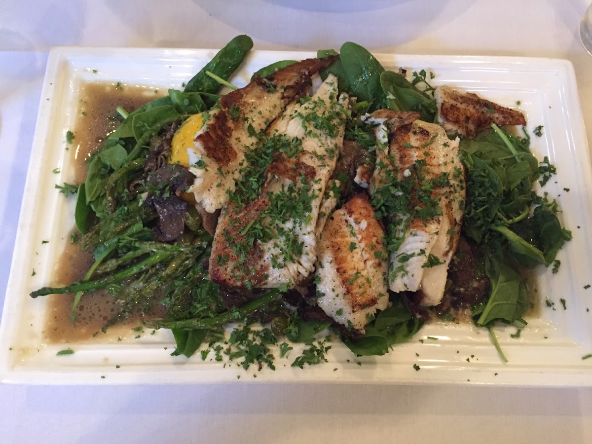 Baked Flounder in Lemon sauce over spinach (instead of pasta)