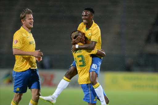 Teko Modise of Sundowns celebrates his goal with teammates during the Absa Premiership match between Mamelodi Sundowns and Moroka Swallows at Lucas Moripe Stadium. Picture Credit: Gallo Images