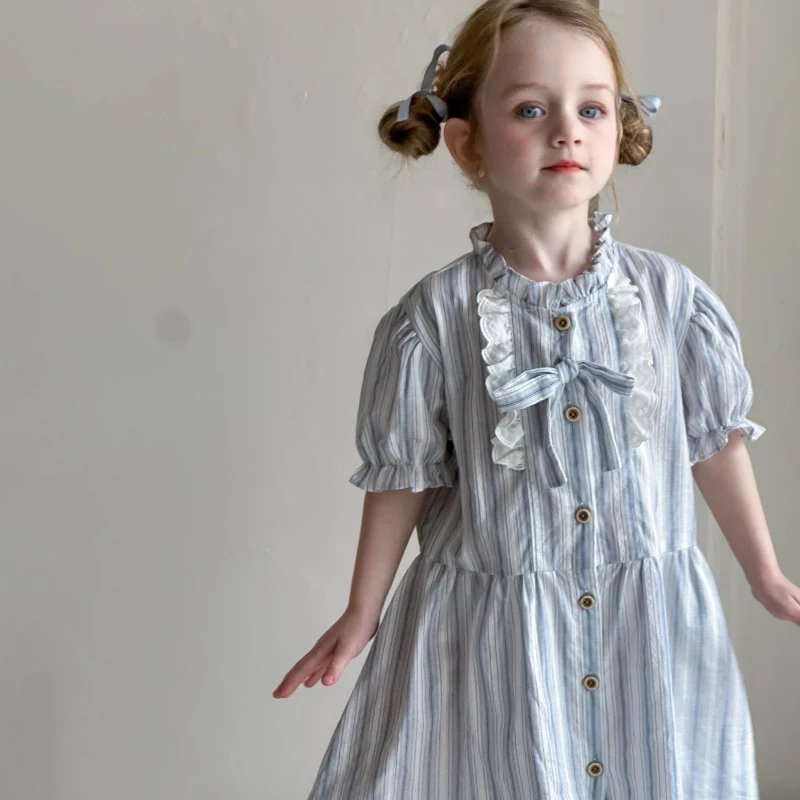 Baby meisjes jurk met korte mouwen, preppy stijl, gestreept shirt voor kinderen, comfortabel en modieus, perfect voor dagelijks gebruik, ideaal voor meisjes.