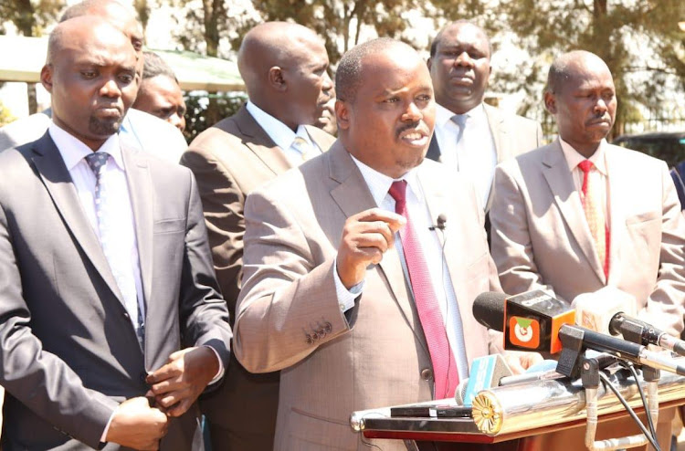 Elgeyo Marakwet Deputy Governor Wisley Kiptoo, Governor Alex Tolgos and other senior staff in Iten town on August 5