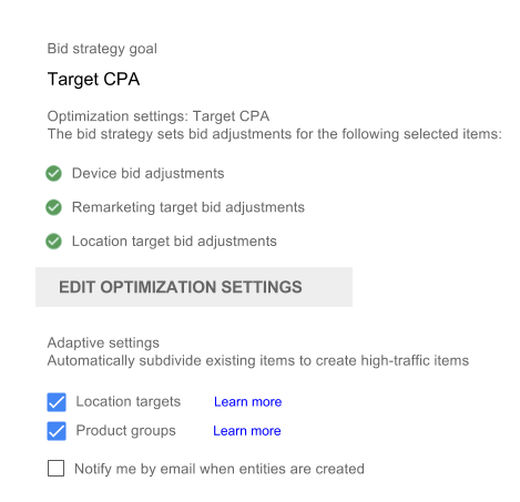 Bid strategy goal section in campaign settings. Includes Adaptive settings section with red rectangle and Location targets and Product groups check boxes selected.