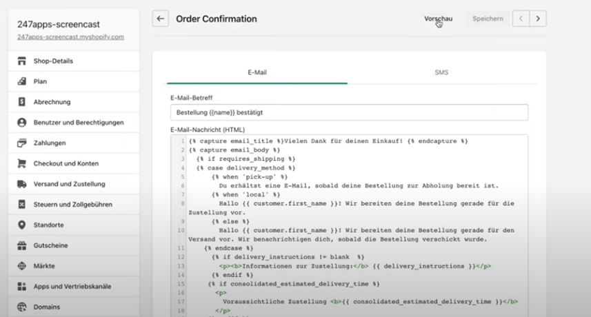 Shopify Bestellbestätigungs-Teamplate bearbeiten