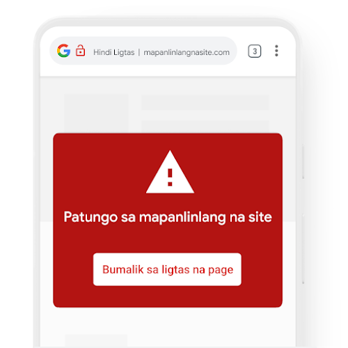 Teleponong nagtatampok ng notification ng babala mula sa Google Chrome tungkol sa isang mapanlinlang na website