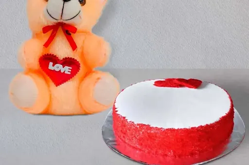 Red Velvet Cream Cheese Frosting Cake & 1 Teddy Bear [500 Gram]