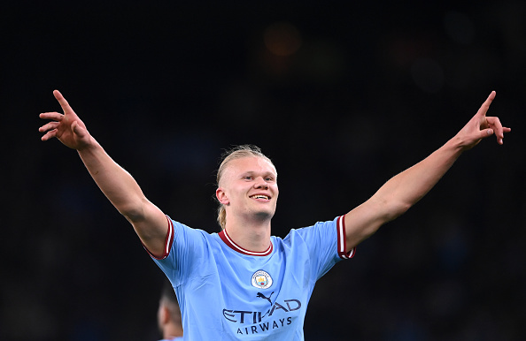 Manchester City striker Erling Haaland celebrates after scoring the 2nd City goal and his record breaking 35th Premier League goal of the season during the Premier League match between Manchester City and West Ham United at Etihad Stadium on May 03, 2023 in Manchester, England.