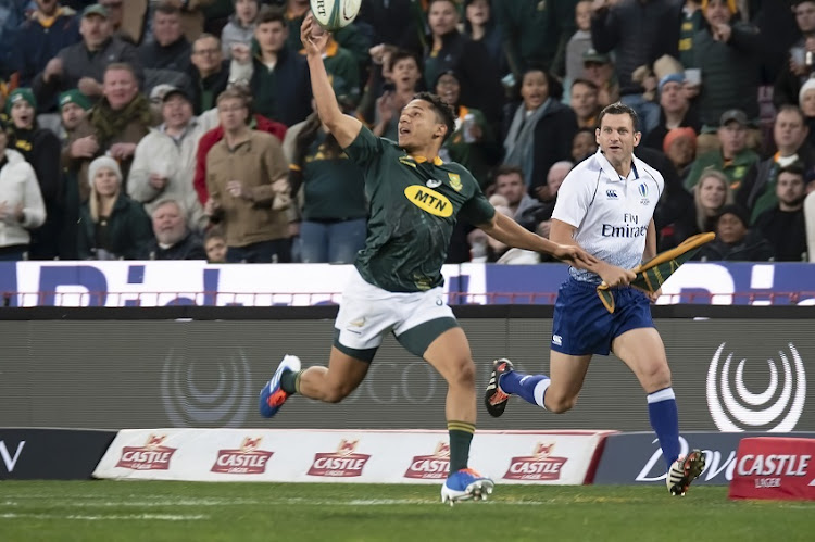 Herschel Jantjies of the Springboks during the The Rugby Championship match between South Africa and Australia at Emirates Airline Park on July 20, 2019 in Johannesburg, South Africa.