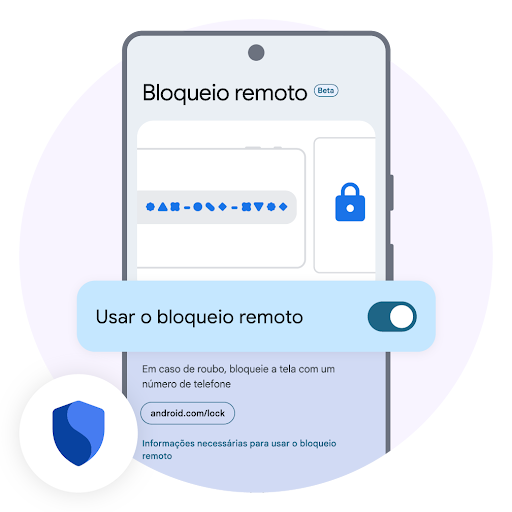 Um ícone de cadeado de segurança é exibido na tela com o recurso "Usar bloqueio remoto" ativado, permitindo que os usuários bloqueiem seus telefones roubados com segurança usando apenas o número do telefone e um desafio de segurança através do site do Android.
