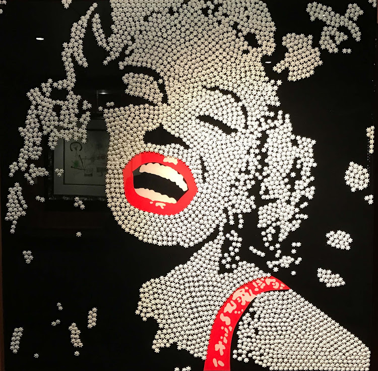 "As If Marilyn," by Natan Elkanovich, original acrylic and mixed media on lacquered canvas, shown on Silver Spirit and available for $19,500 at Andrew Weiss Gallery.