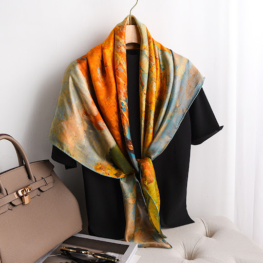 Title 6, Oil Painting Autumn Thick Silk Big Square Scarf