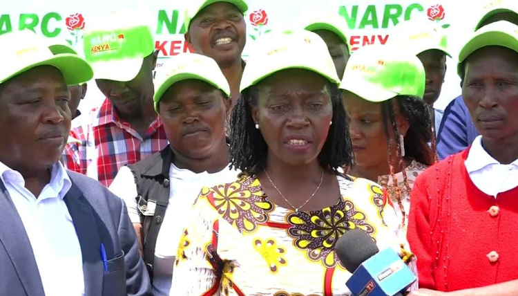 Narc Kenya leader Martha Karua speaks in Kutus when she met party delegates in Gichugu, Kirinyaga County, March 1, 2024.