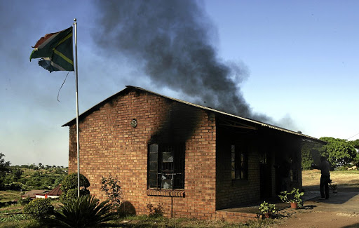 Mariadze Inclusive School's administration block burns during a protest at GaMashau village in Vuwani, Limpopo.