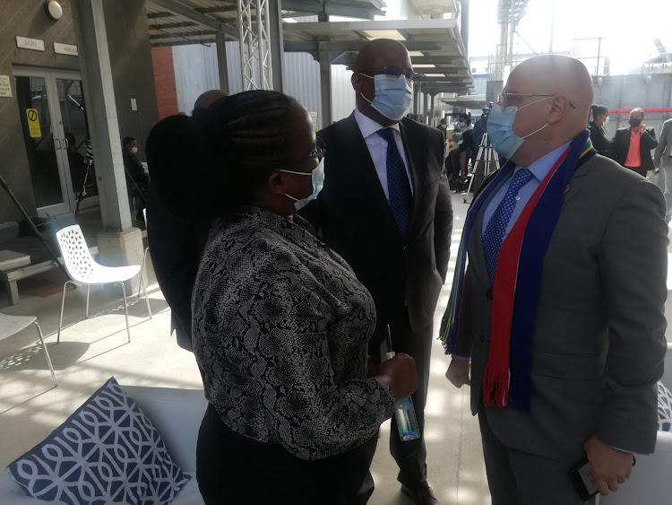 Eastern Cape health MEC Nomakhosazana Meth, left, Premier Oscar Mabuyane and Aspen Pharmacare executive Stavros Nicolaou chat ahead of President Cyril Ramaphosa's arrival at Aspen Pharmacare's factory.