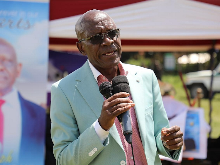 Kakamega Senator Boni Khalwale during the burial service of former agricultural officer Joseph Khagali at Isukha North ward, Shinyalu constituency, on Saturday, February 17, 2024.