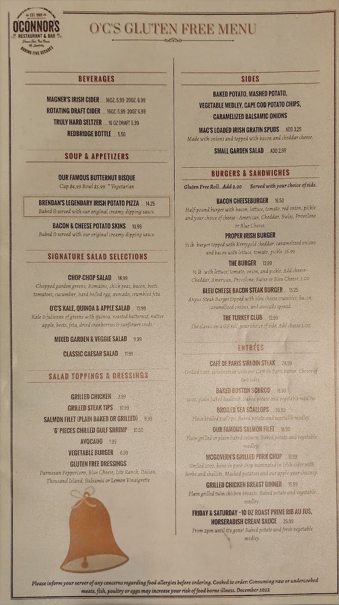 Dedicated gluten free menu