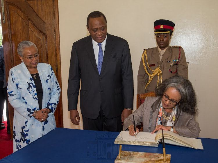 First Lady Margaret Kenyatta, President Uhuru Kenyatta and Ethiopia's Sahle-Wok Zewde at State House on Tuesday, May 14, 2019.