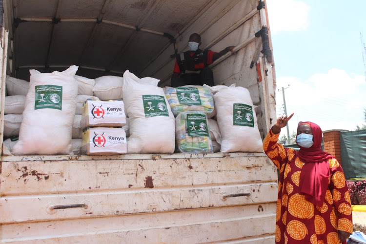 Kenya Red Cross Society secretary general Asha Mohammed when she flagged off foodstuff to vulnerable families hit by drought in Marsabit at the organisation's headquarters in South C, Nairobi, on April 16, 2021