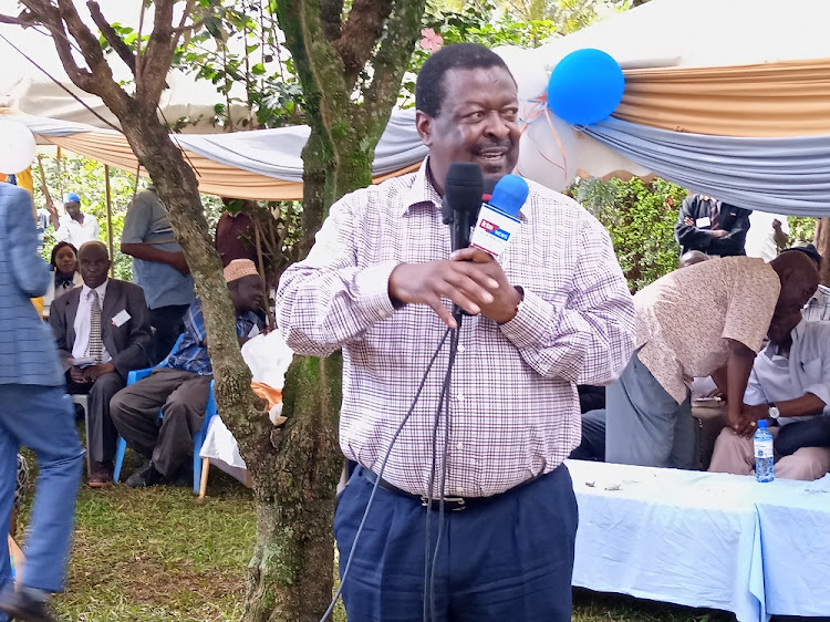 ANC leader Musalia Mudavadi addressing members of the Western Community Health Association (Wecohas) at Akatsa on Saturday