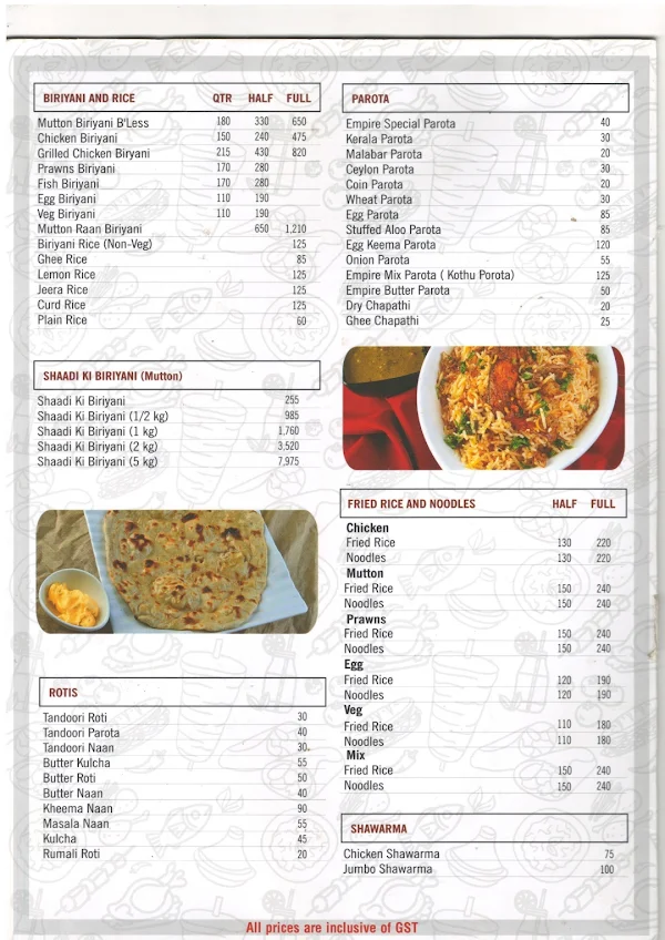 Empire Restaurant menu 