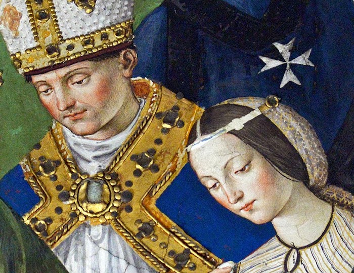 Pinturicchio, Libreria Piccolomini, Enea Silvio, vescovo di Siena, presenta Eleonora di Portogallo all'imperatore Federico III (particolare Enea Silvio e Eleonora di Portogallo)