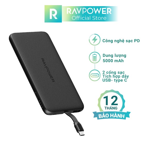 Sạc Dự Phòng Ravpower 5000Mah Rp - Pb160 Tích Hợp Usb Type - C