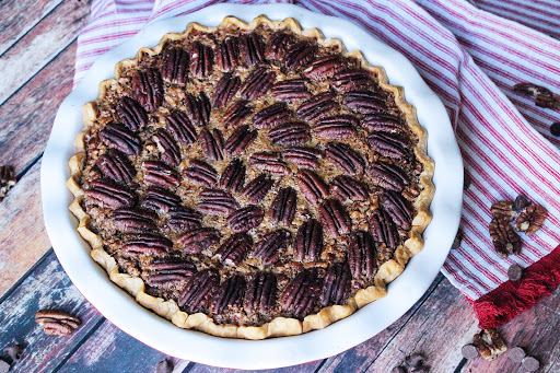 Bourbon Chocolate Pecan Pie ready to be sliced.