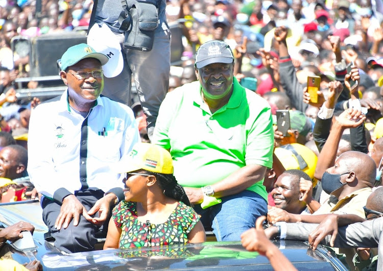 Moses Wetangula and Musalia Mudavadi on a rally in Kakamega county on Thursday, May 12, 2022.