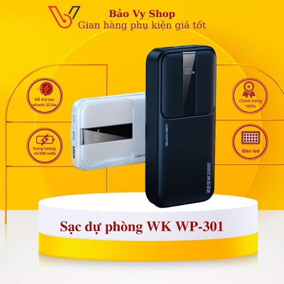 Cục Xạc Sạc Dự Phòng 10000 Mah Wk Wp - 301, Pin Dự Phòng Pd Chính Hãng Sạc Nhanh 22.5W Qc 3.0 Cổng Type - C In/Out Bv Design