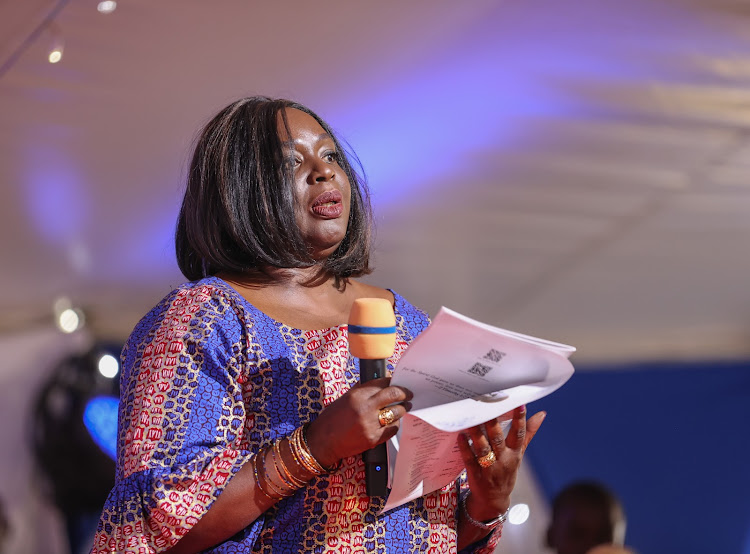 Former Defense CS Rachel Omamo addressing mourners at Odera Akang’o University for the burial of former Education CS George Magoha on February 11, 2023.