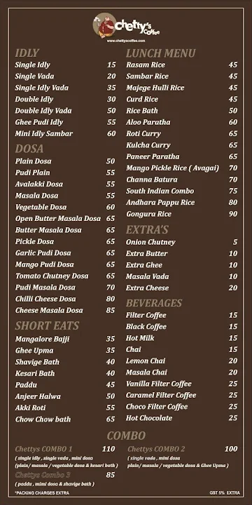 Chetty's Coffee menu 