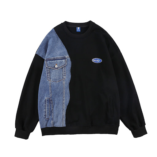 Title 2, Niche Design Denim Stitching Round Neck Sweater...