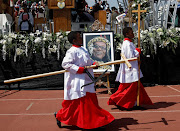 A portrait of Mangosuthu Buthelezi is seen at his state funeral in Ulundi on Saturday.