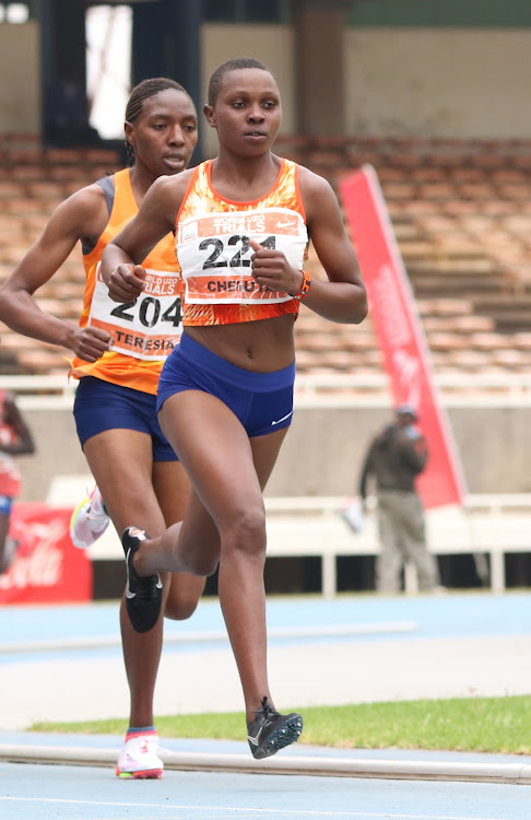 Zenah Jemutai and Teresia in women's 3000m action during the trials for the World Under 20 Championships at Kasarani