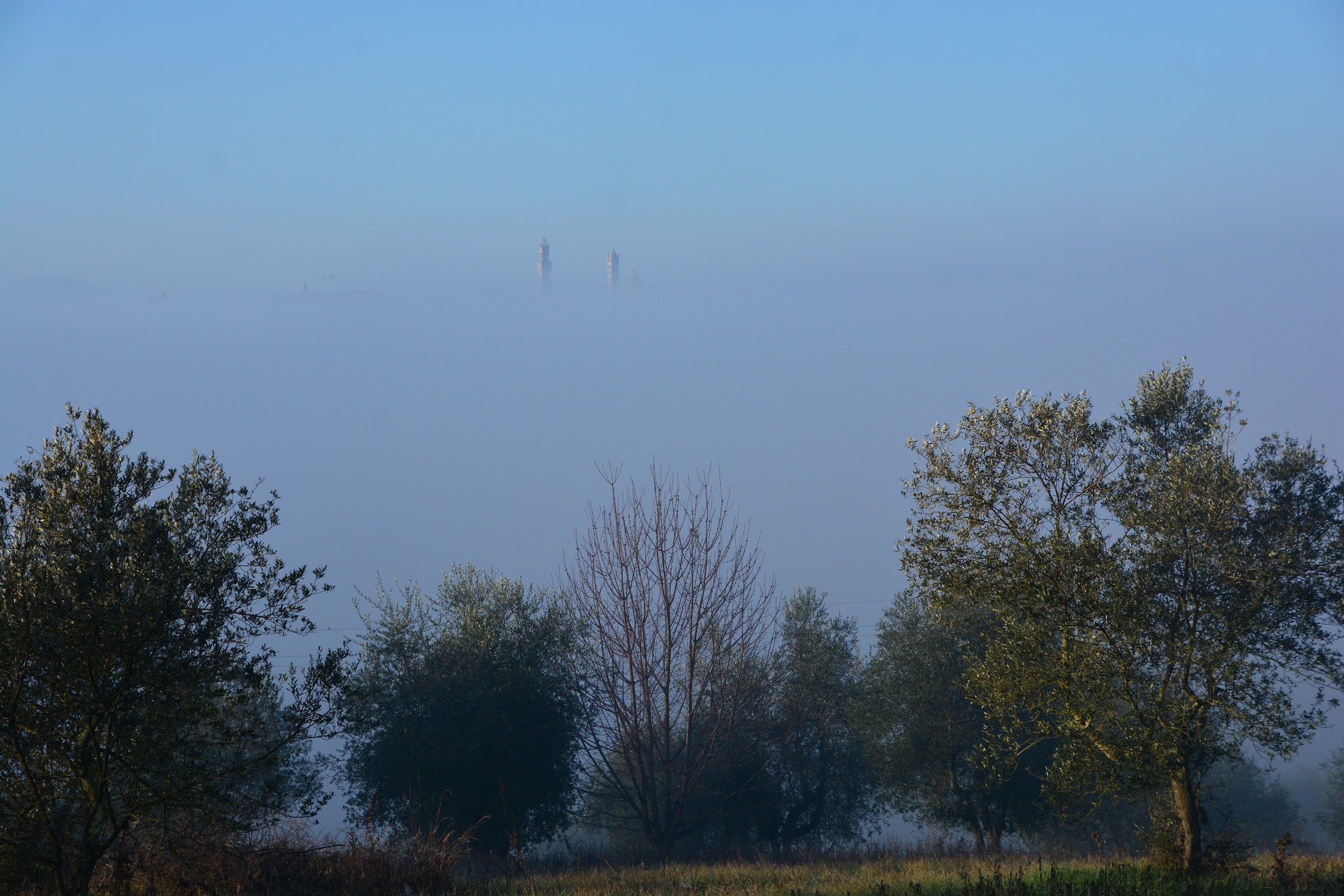 Siena appears in the morning in the Crete Senesi, Tuscany