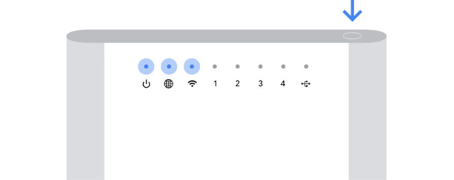 A drawing of the Wi-Fi 6 Router (GRAX210T), with a blue arrow pointing to the power button on the top right of the router. The power, Internet, and Wi-Fi LEDs on the front are lit up blue.