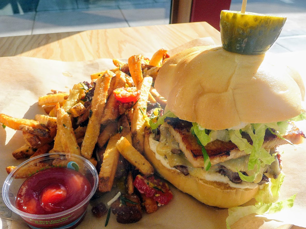 Dirty Fries w/ fried pork scraps, marinated peppers, fried herbs and parmesan + Double Burger with Cascade natural beef, pork belly, cheddar, lardo sauce