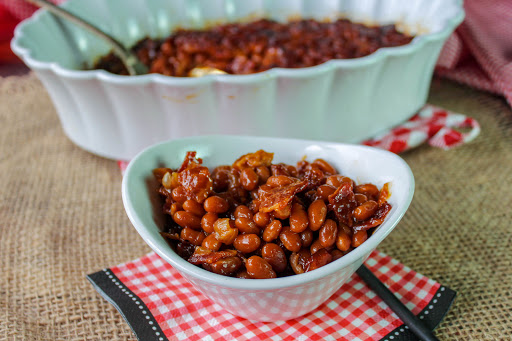 A small bowl of coffee baked beans.