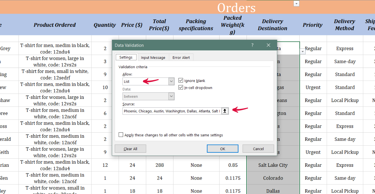 Logistics tracking spreadsheet excel | data validation | insert the validation options so there is no other way to enter the data