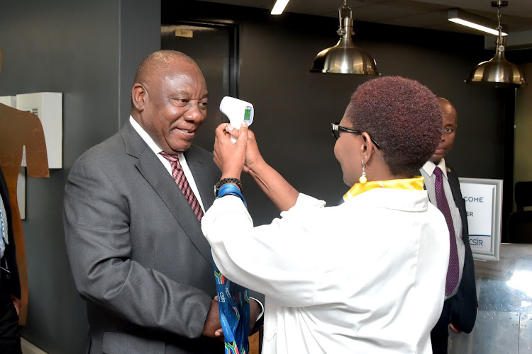 President Cyril Ramaphosa arriving at the Department of Health's Covid-19 Information Centre at the Council for Scientific and Industrial Research on April 9 2020.