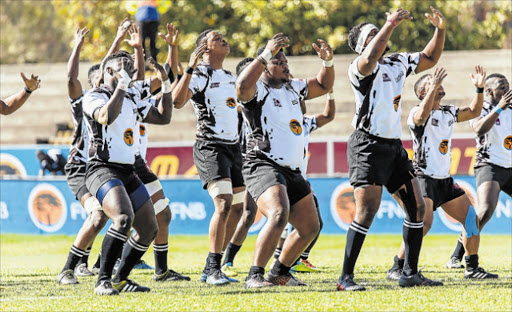 EASTERN CAPE HAKA: Walter Sisulu University All Blacks perform a war dance before a clash against Central University of Technology Ixias during a Varsity Cup promotion-relegation match at the Danie Craven Stadium in Stellenbosch yesterday. WSU went down 37-31 Picture: SUPPLIED