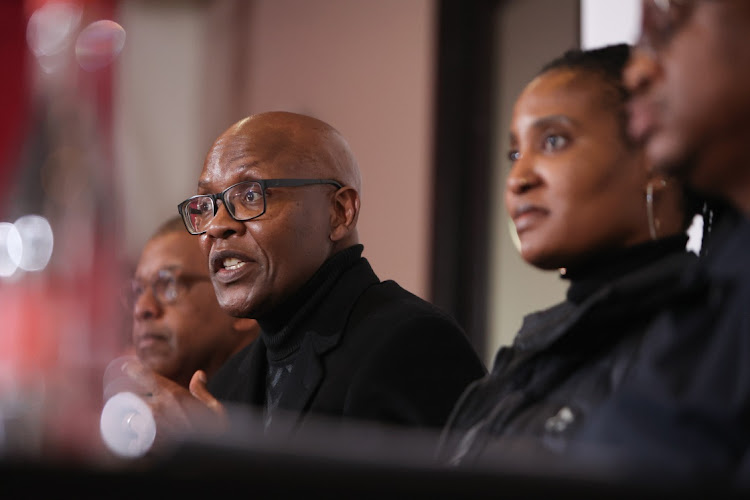 From left: head of Jacob Zuma’s legal team, advocate Dali Mpofu, Jacob Zuma Foundation spokesperson Mzwanele Manyi and Zuma’s daughter, Duduzile Zuma.