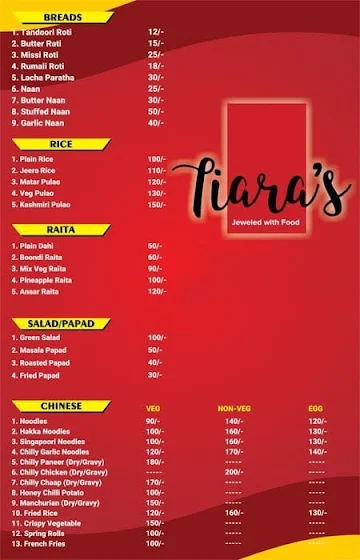 Tiara's Restaurant menu 