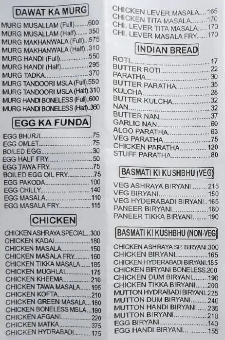 Ashraya Family Restaurant & Bar menu 