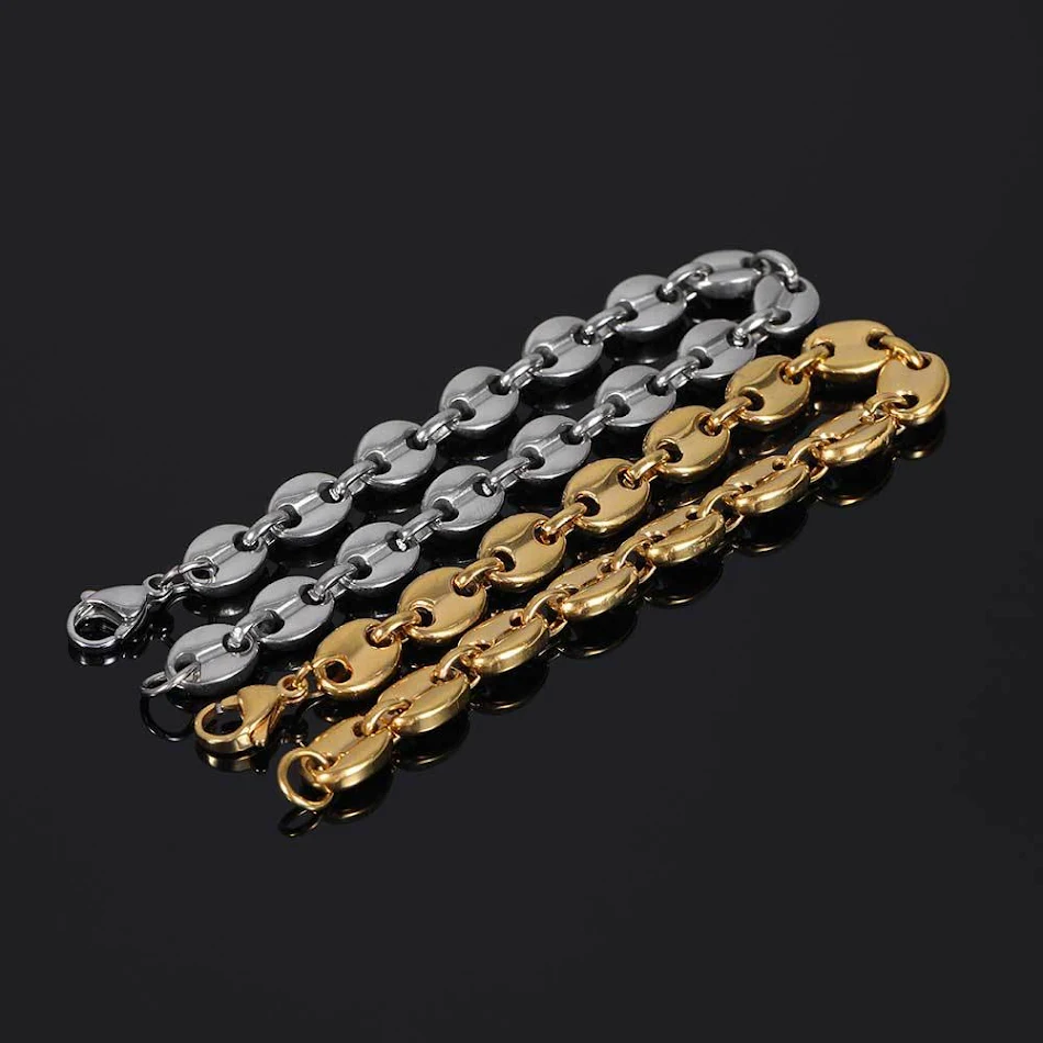 Coffee Bean Hip Hop 18K gouden titanium stalen ketting en armband, een stijlvolle set voor heren, combineert hiphop flair met duurzaamheid.