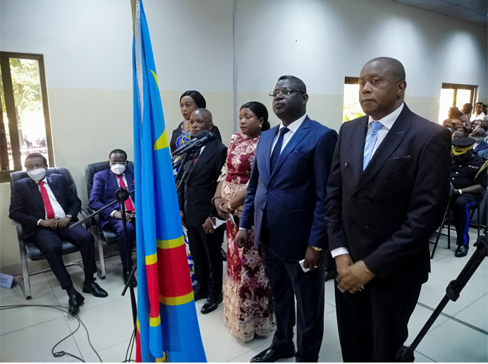 Denis Kadima (R), new President of the Independent National Electoral Commission of the Democratic Republic of the Congo, stands with his Vice President Ilunga Lembow and other members of his team as he prepares to be sworn in at the constitutional court in Kinshasa, Democratic Republic of Congo, on October 26, 2021.