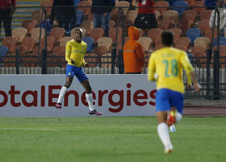 Mamelodi Sundowns' Thapelo Morena celebrates scoring against Al Ahly.